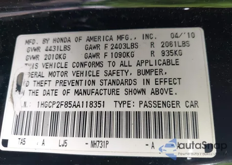 2010 Honda Accord 2.4 Ex-L z USA, uszkodzony, nr VIN 1HGCP2F85AA118351